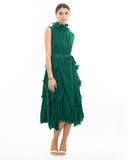 Pleated Midi dress with frilled layer and scallopd neckline design in Green