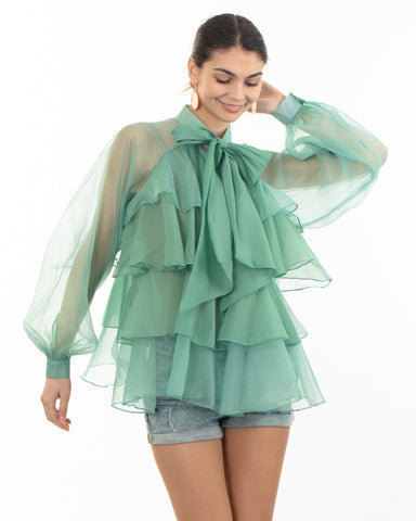 Organza shirt with multi-layer Bow Tie Up in front