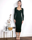 Soft Knitted Ribbed Midi Bodycon Dress Long Sleeve In Green