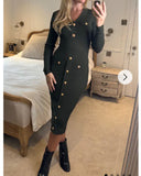 Long sleeves Buttons Design Midi bodycon dress in green