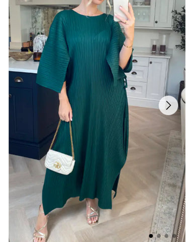 Full Length Pleated maxi dress with cap sleeves in Green