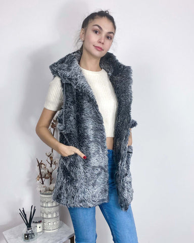 Faux Fur Oversize Hoody Coat (Mix grey)