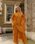 Pleated Wide-Leg Trousers with Adjustable Draped Top Set in Yellow