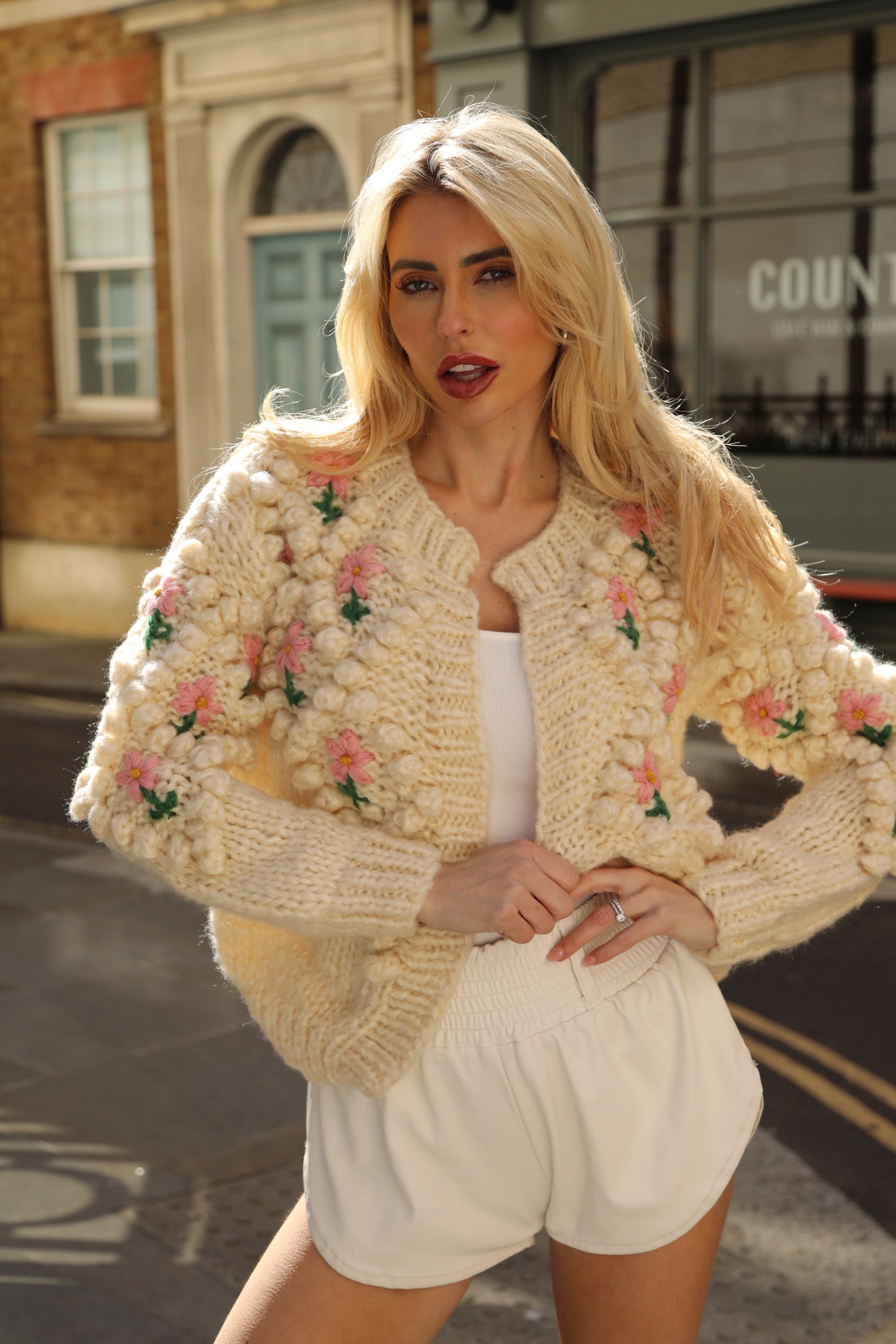 Hand-Knit Textured Floral Cardigan In Cream – CY Boutique