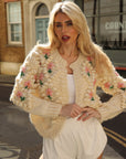 Hand-Knit Textured Floral Cardigan In Cream
