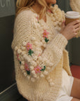 Hand-Knit Textured Floral Cardigan In Cream