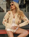 Hand-Knit Textured Floral Cardigan In Cream