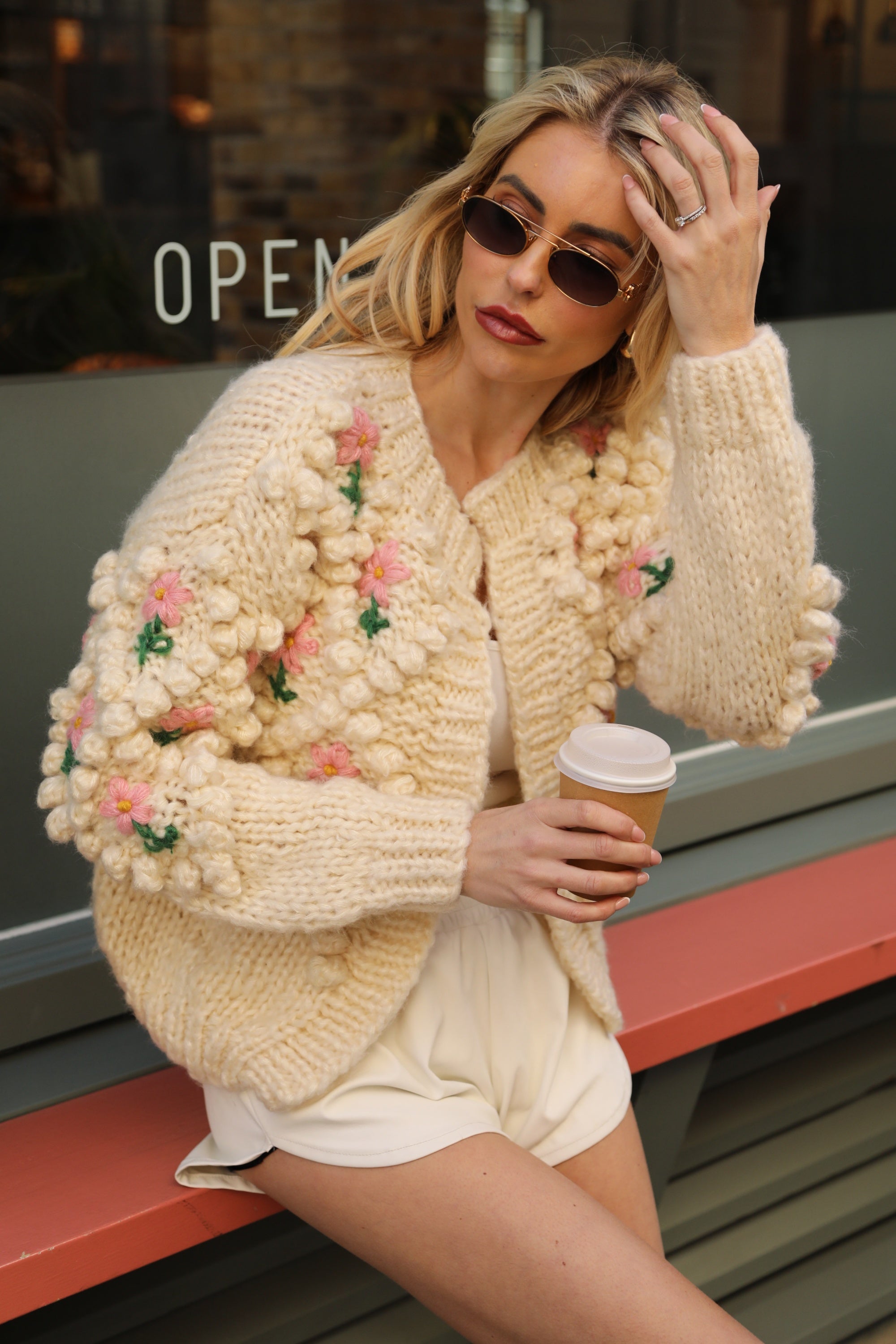 Hand-Knit Textured Floral Cardigan In Cream – CY Boutique