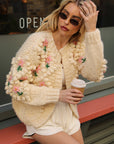 Hand-Knit Textured Floral Cardigan In Cream
