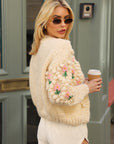 Hand-Knit Textured Floral Cardigan In Cream