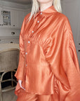 Sunset Satin Cape-Sleeve Shirt & Wide-Leg Trouser Co-Ord In Orange