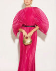 Pleated long dress with organza pleated cape sleeves in Hot Pink