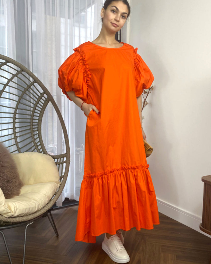 Oversized Puff Sleeves ruffle hem design Maxi dress in ORANGE