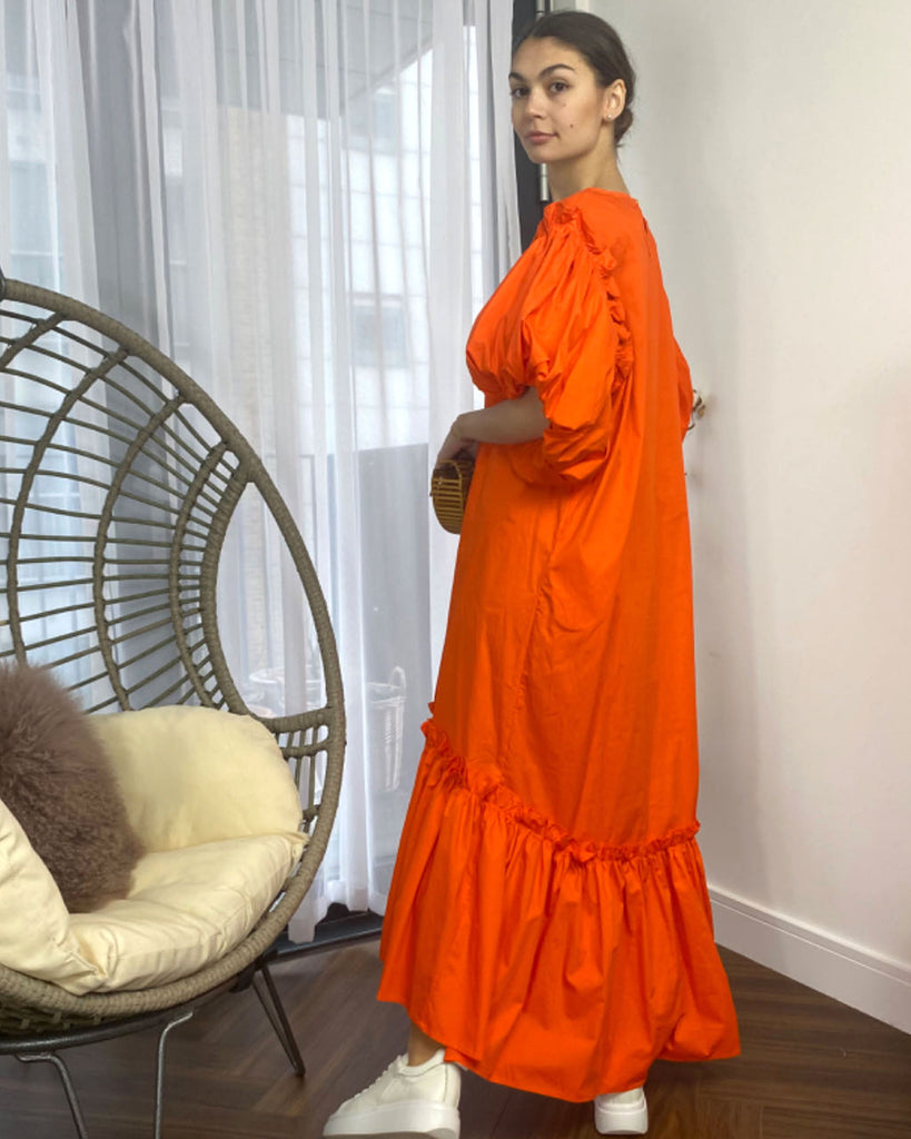 Oversized Puff Sleeves ruffle hem design Maxi dress in ORANGE