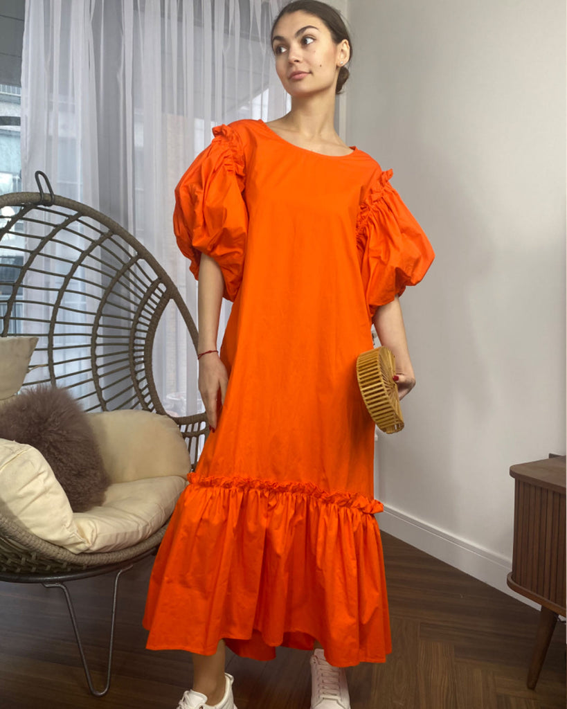 Oversized Puff Sleeves ruffle hem design Maxi dress in ORANGE