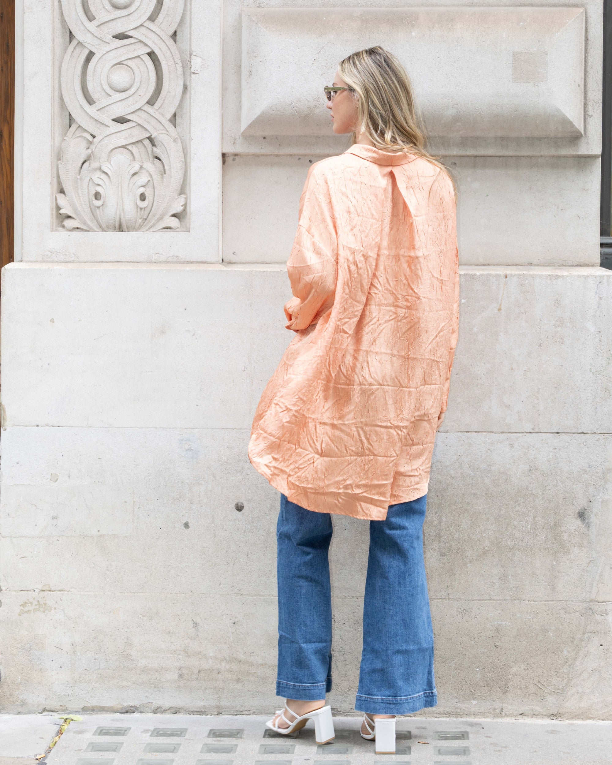 Oversized long shirt dress in textured jacquard design fabric in orange