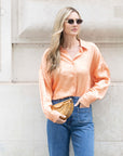 Oversized long shirt dress in textured jacquard design fabric in orange