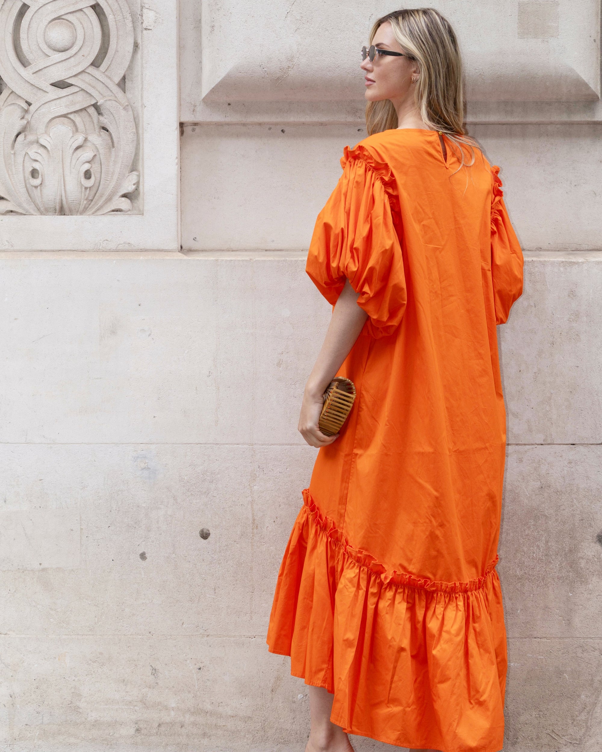 Oversized Puff Sleeves ruffle hem design Maxi dress in ORANGE