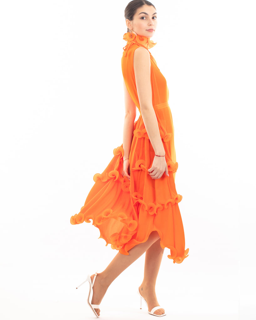 Pleated Midi dress with frilled layer and scallopd neckline design in Orange