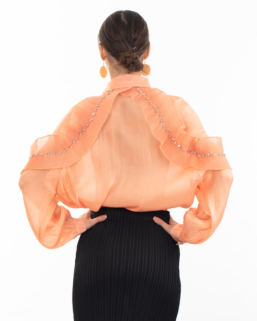 Pleated ruffles with multi dimoned stone embellished sleeves design organza shirt in peach