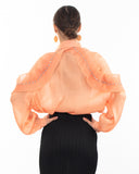 Pleated ruffles with multi dimoned stone embellished sleeves design organza shirt in peach