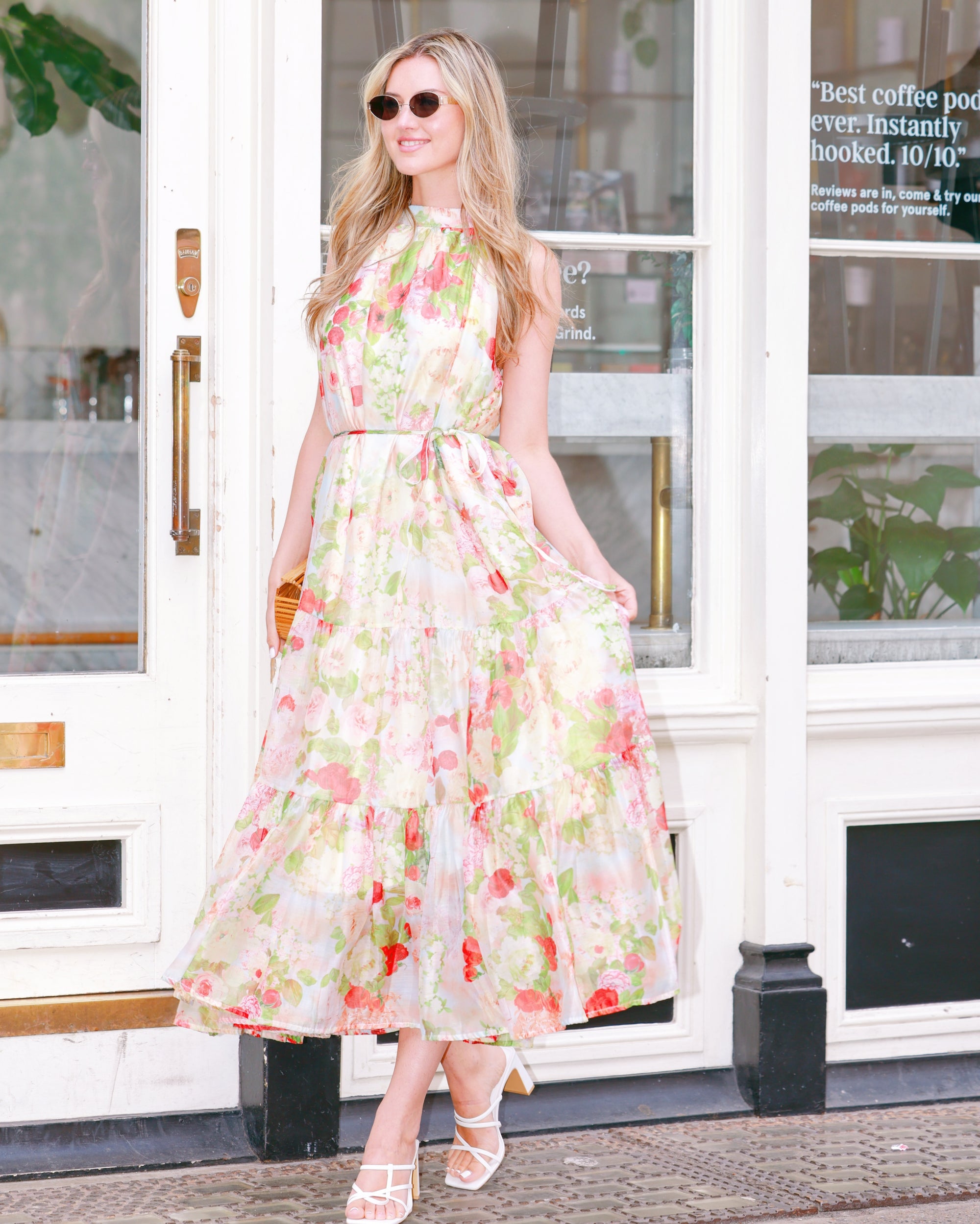 Multi floral print Organza feeling Halter neck maxi dress in Red