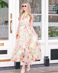 Multi floral print Organza feeling Halter neck maxi dress in Red