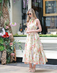 Multi floral print Organza feeling Halter neck maxi dress in Red