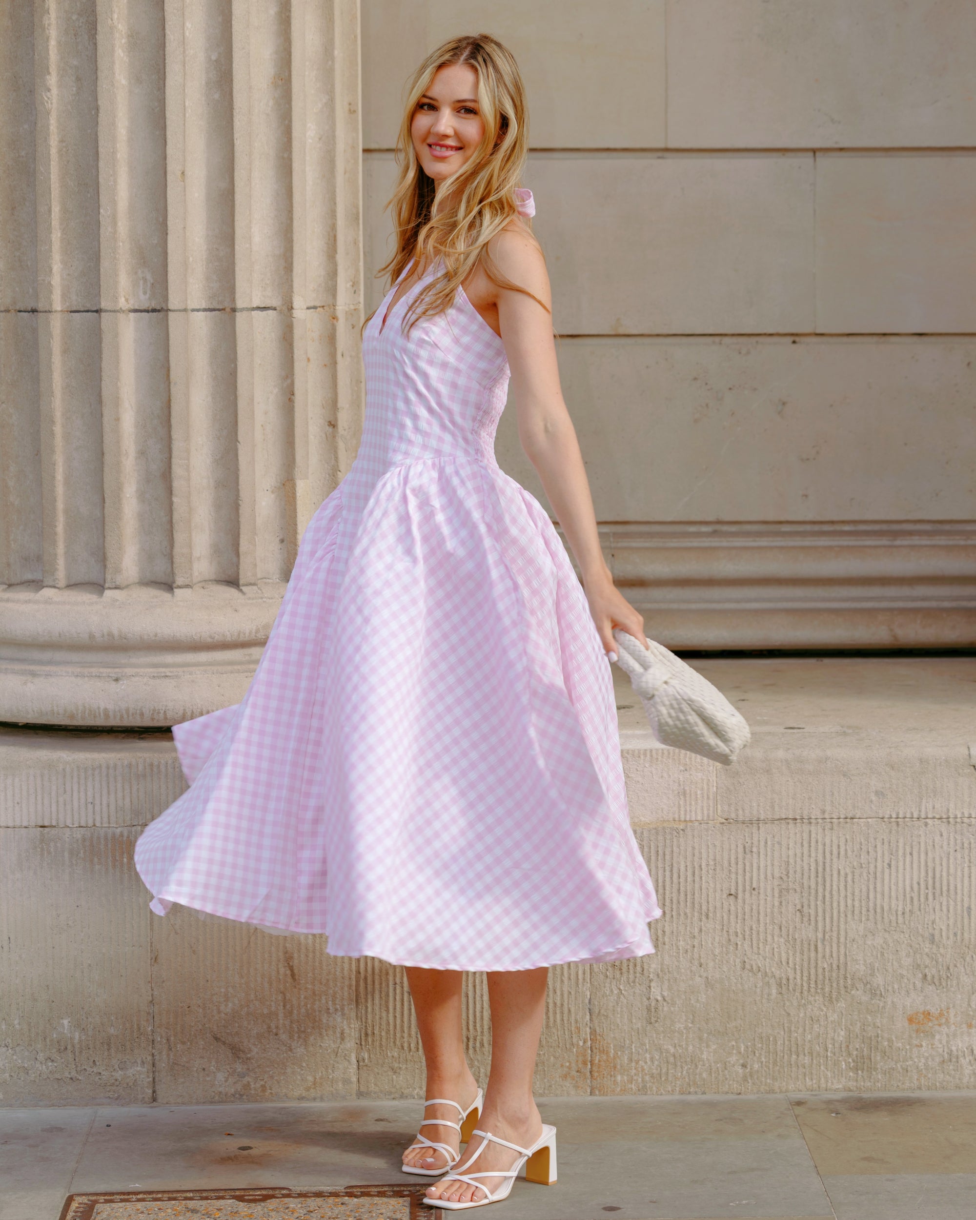 Sabrina gingham check print linen blend midi dress in pink