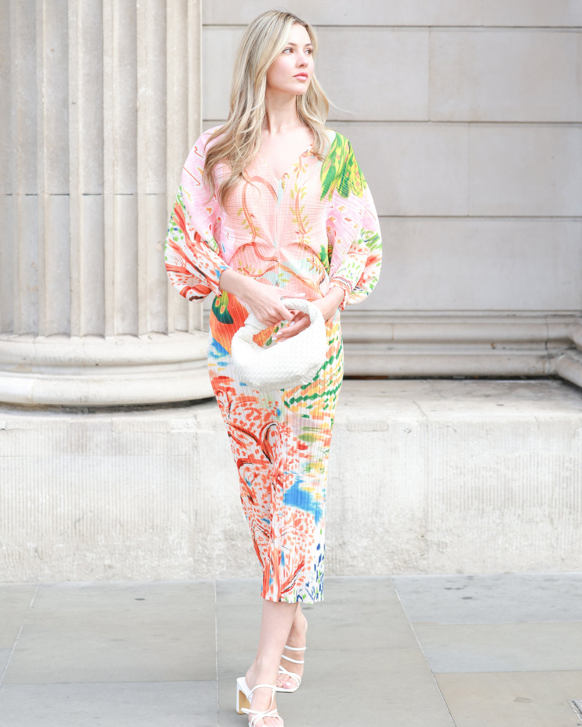 Leaves and Floral Scarf Pirnt Pleated Dress in Kimono sleeves in pink ...
