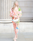 Leaves and Floral Scarf Pirnt Pleated Dress in Kimono sleeves in pink