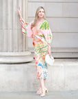 Leaves and Floral Scarf Pirnt Pleated Dress in Kimono sleeves in pink