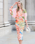 Leaves and Floral Scarf Pirnt Pleated Dress in Kimono sleeves in pink