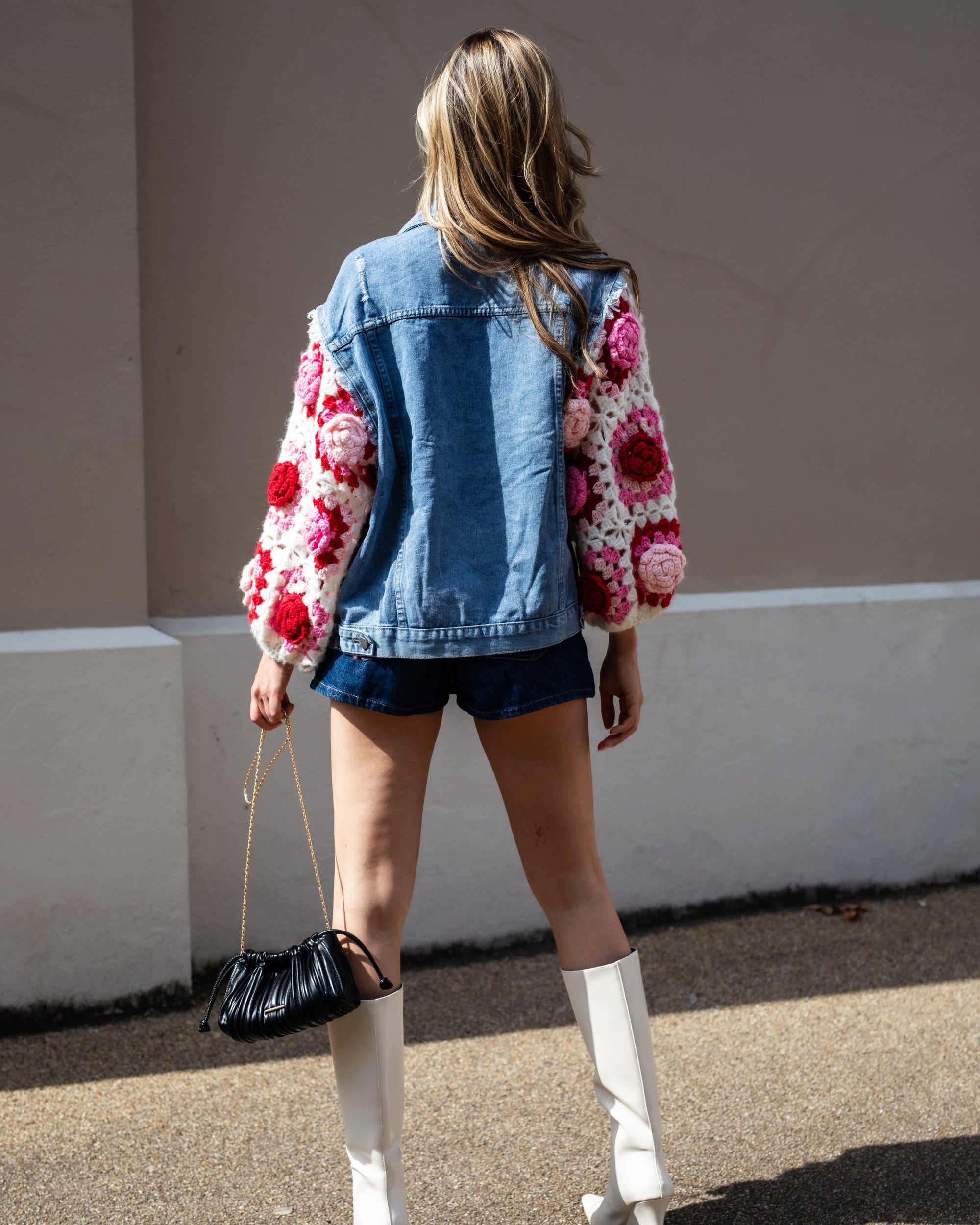 Handknit Floral Patten Sleeves Demin Jacket in Pink