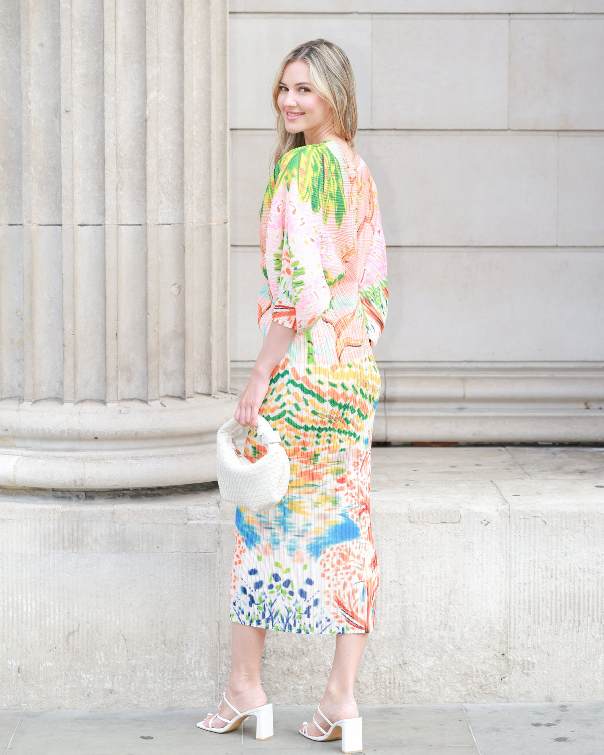 Leaves and Floral Scarf Pirnt Pleated Dress in Kimono sleeves in pink ...