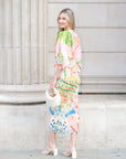 Leaves and Floral Scarf Pirnt Pleated Dress in Kimono sleeves in pink