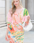 Leaves and Floral Scarf Pirnt Pleated Dress in Kimono sleeves in pink