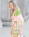 Leaves and Floral Scarf Pirnt Pleated Dress in Kimono sleeves in pink