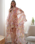 Heavy tiered ruffle oversized dress in pink floral print