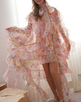 Heavy tiered ruffle oversized dress in pink floral print