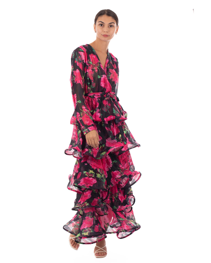 Floral Print Ruffle Multi Layer Hem design maxi long Dress in Pink