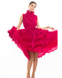 Pleated Midi dress with frilled layer and scallopd neckline design in Pink