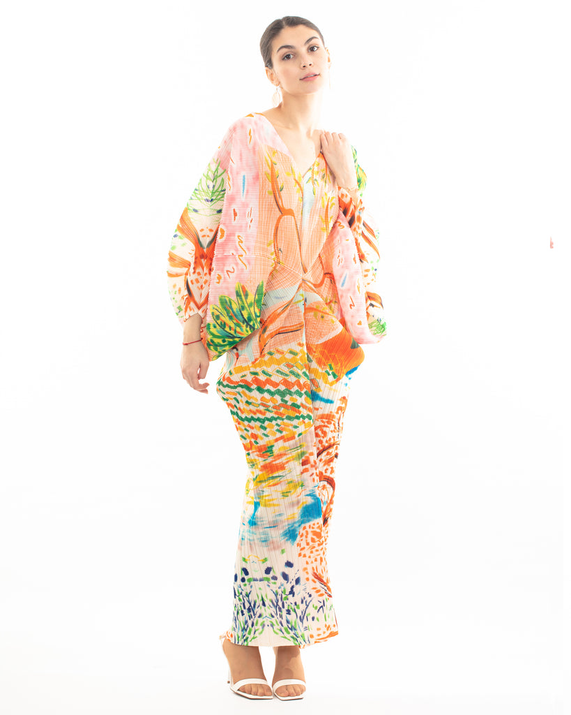 Leaves and Floral Scarf Pirnt Pleated Dress in Kimono sleeves in pink