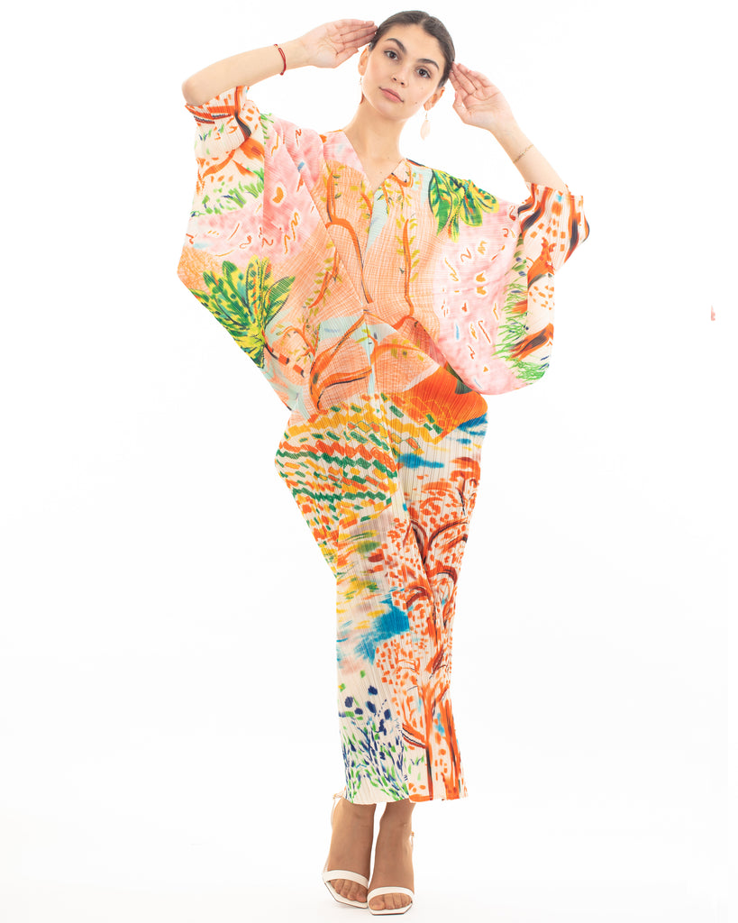 Leaves and Floral Scarf Pirnt Pleated Dress in Kimono sleeves in pink