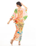 Leaves and Floral Scarf Pirnt Pleated Dress in Kimono sleeves in pink