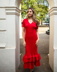 Full Pleated Ruffle Hem Maxi Dress in Red
