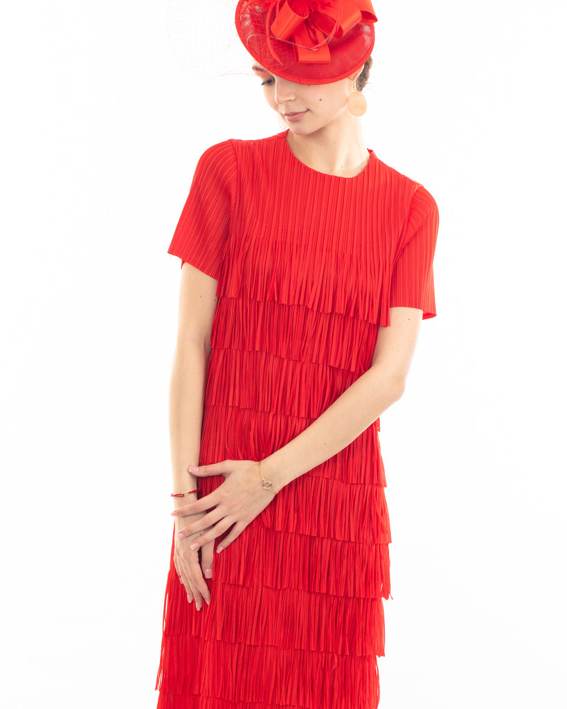 Pleated Midi dress with multi layer fringed tassel design in Red