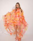 Heavy tiered ruffle oversized dress in red floral print