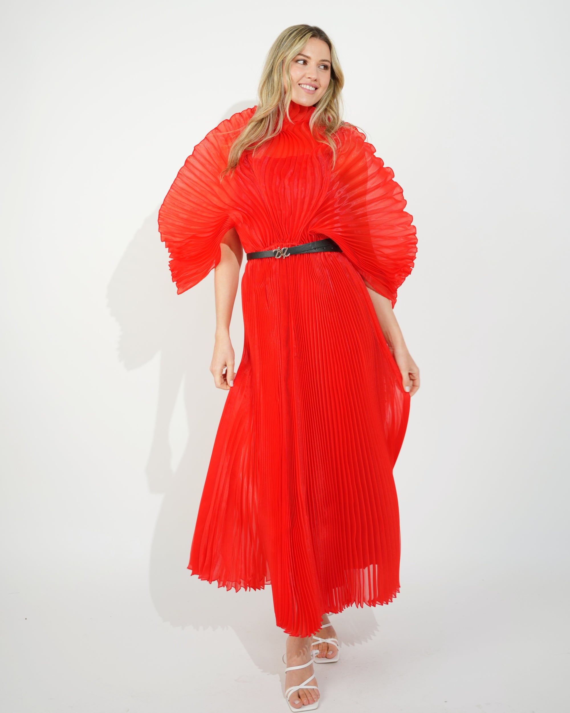 Pleated long dress with organza pleated cape sleeves in Red