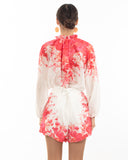 Floral print cotton blend linen shirt and shorts co-ords suits in Red